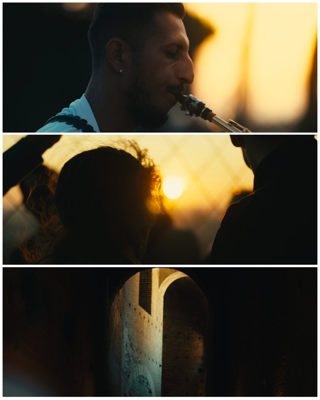 Three scenes: a man playing a saxophone during sunset, a woman and man watching sunset together, and a tunnel at night.