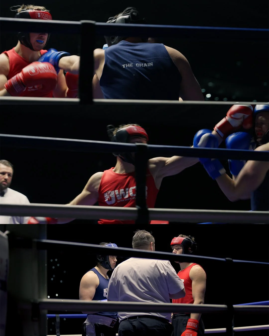 Women boxers in a ring, wearing headgear and gloves, engaging in a match with a referee observing.