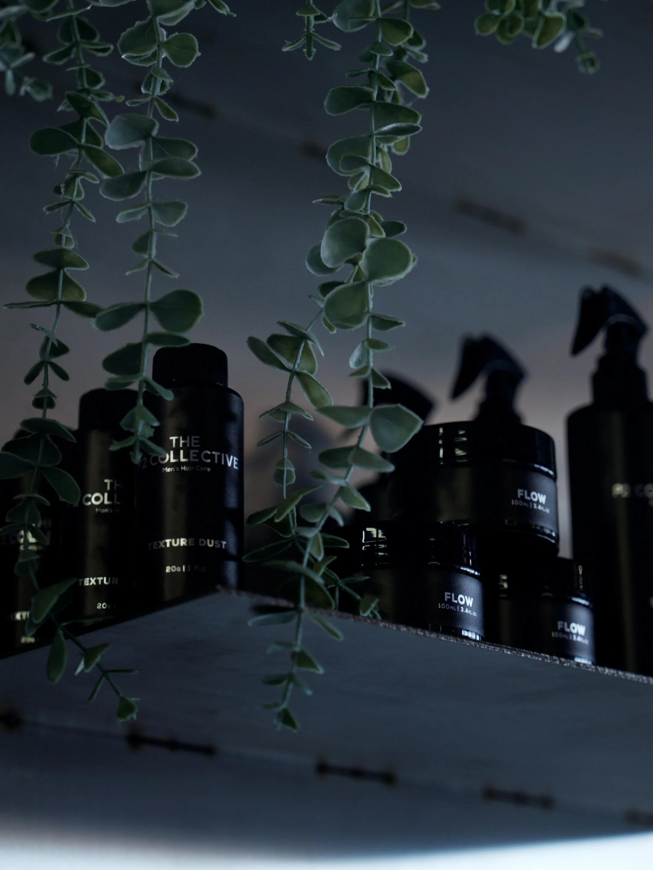 Shelf with black bottles of men's hair care products, surrounded by hanging green leaves.