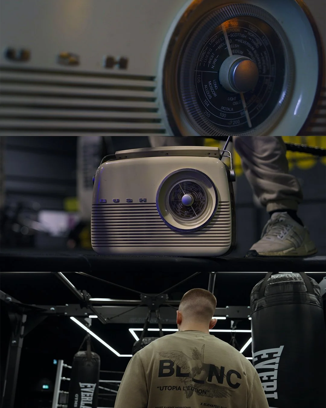 Close-up of a vintage white Bush radio with a tuning dial. Middle: Vintage white radio with a circular dial and horizontal stripes. Bottom: Man in a beige sweatshirt with 'BLCNC' and a bird graphic, in a boxing gym with punching bags.