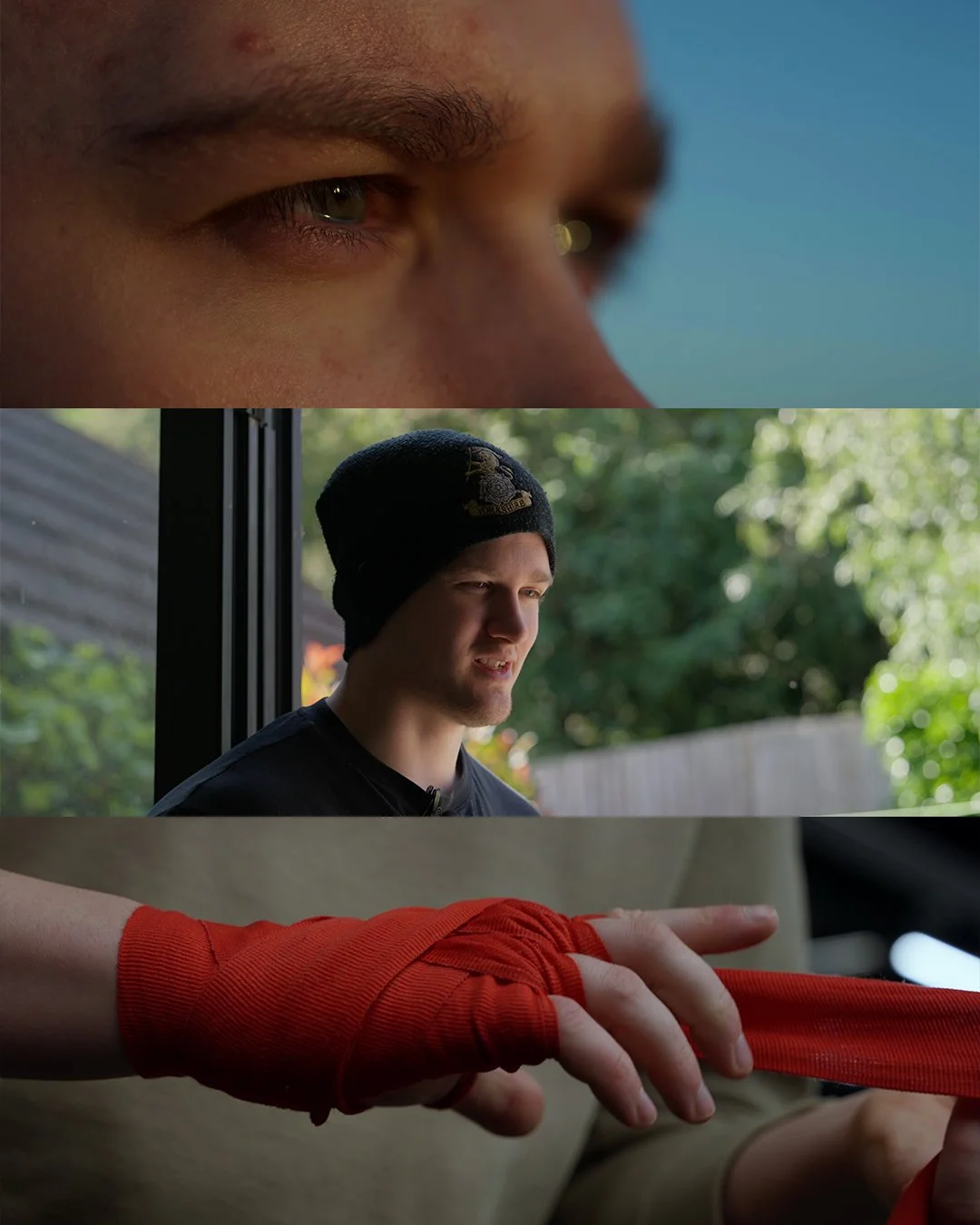 Close-up of a person's eyes, a young man wearing a black beanie, and a hand with a red boxing glove.