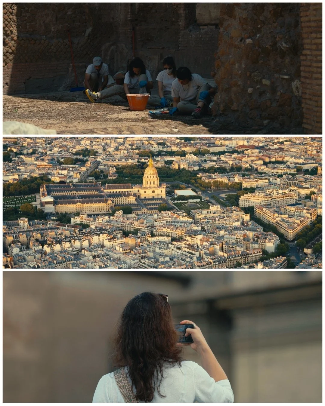 Three women working on an archaeological dig at an ancient site, a panoramic view of Paris including the Les Invalides with its golden dome in the distance, and a woman taking a photo of the city with her smartphone.