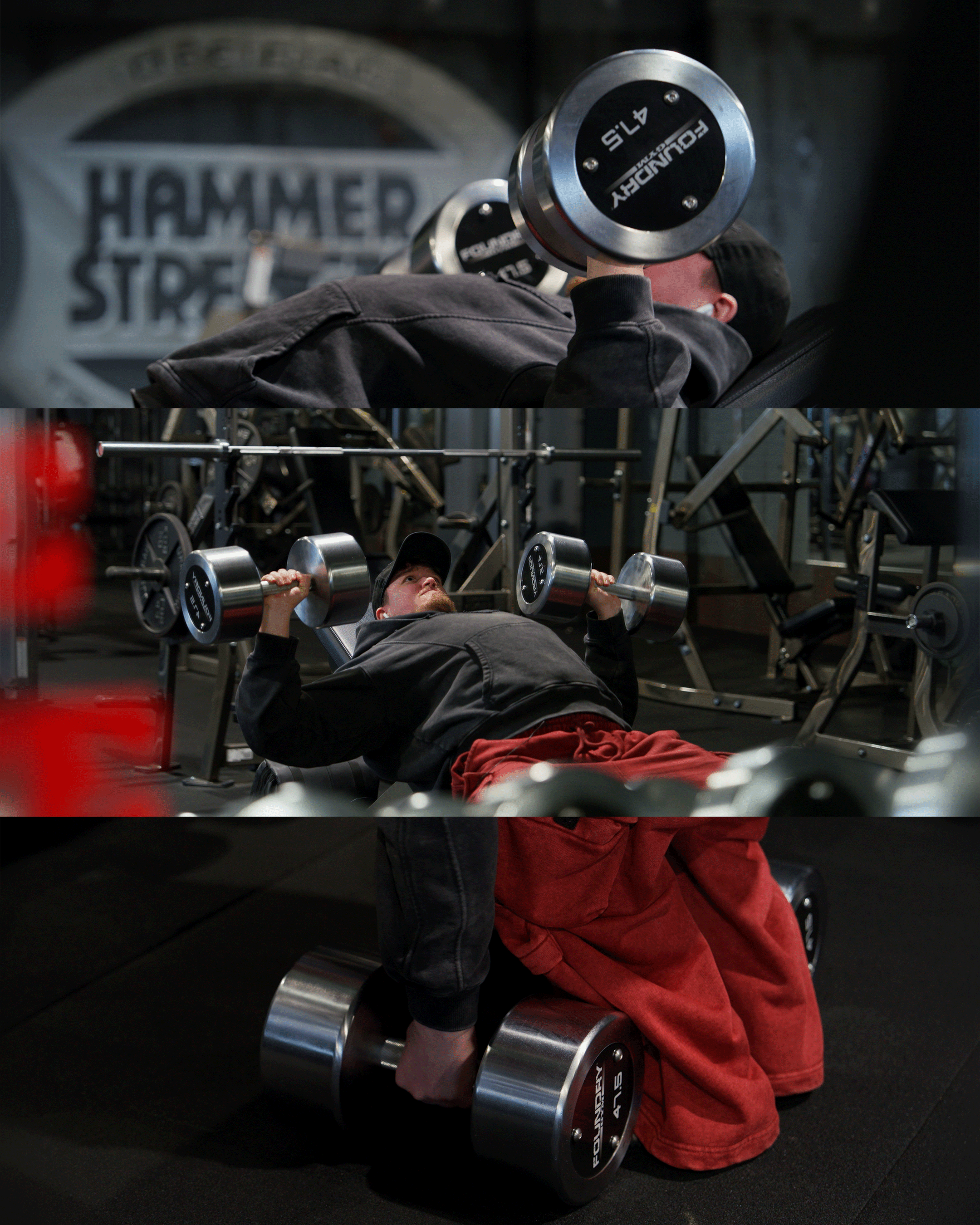 Three images of men using dumbbells for strength training at a gym. In the first image, a man lies on a bench and lifts a dumbbell over his chest. In the second, a man is lying on the floor and doing a dumbbell bench press. In the third, a man is kne