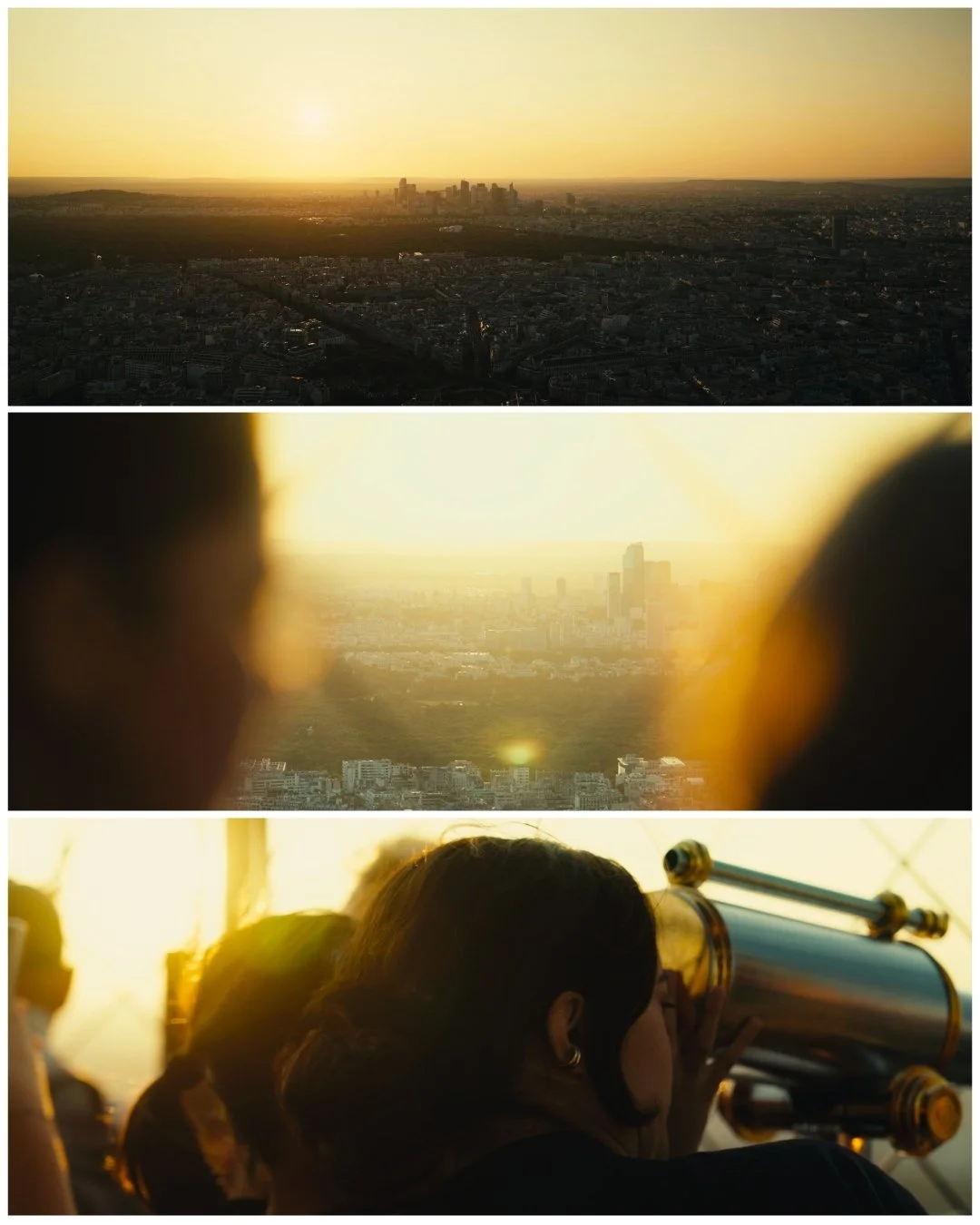 Three images showing a view of a city skyline at sunset or sunrise, viewed through a telescope, with a woman observing through the telescope in the last image.