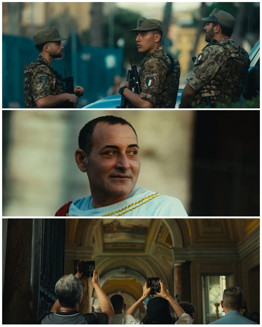 Three soldiers in camouflage uniforms and hats standing in conversation outdoors, a man in a white toga with gold embellishments looking to the side, and a group of tourists inside a grand ornately decorated building taking photos of the interior.