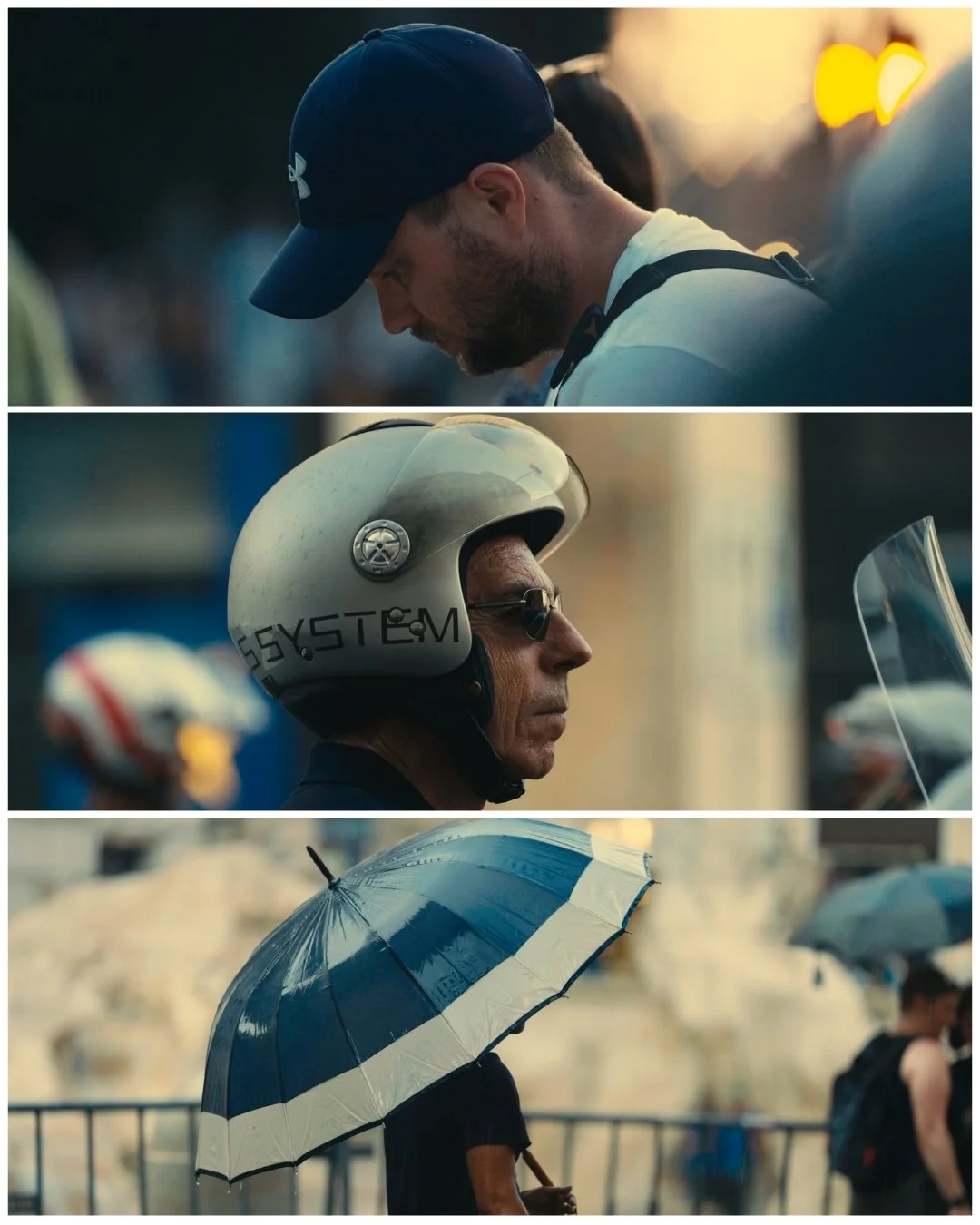 A collage of three images showing people with umbrellas. The first image shows a man with a cap, looking down. The second image shows a man wearing a helmet and sunglasses, facing sideways. The third image shows a person holding a blue and white umbr