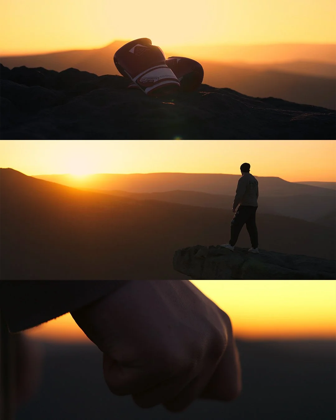 A montage of three sunset scenes: the first shows a pair of sneakers on the ground with a sunset in the background; the second depicts a person standing on a rock ledge overlooking a sunset view; the third is a close-up of two hands holding each other with a sunset background.