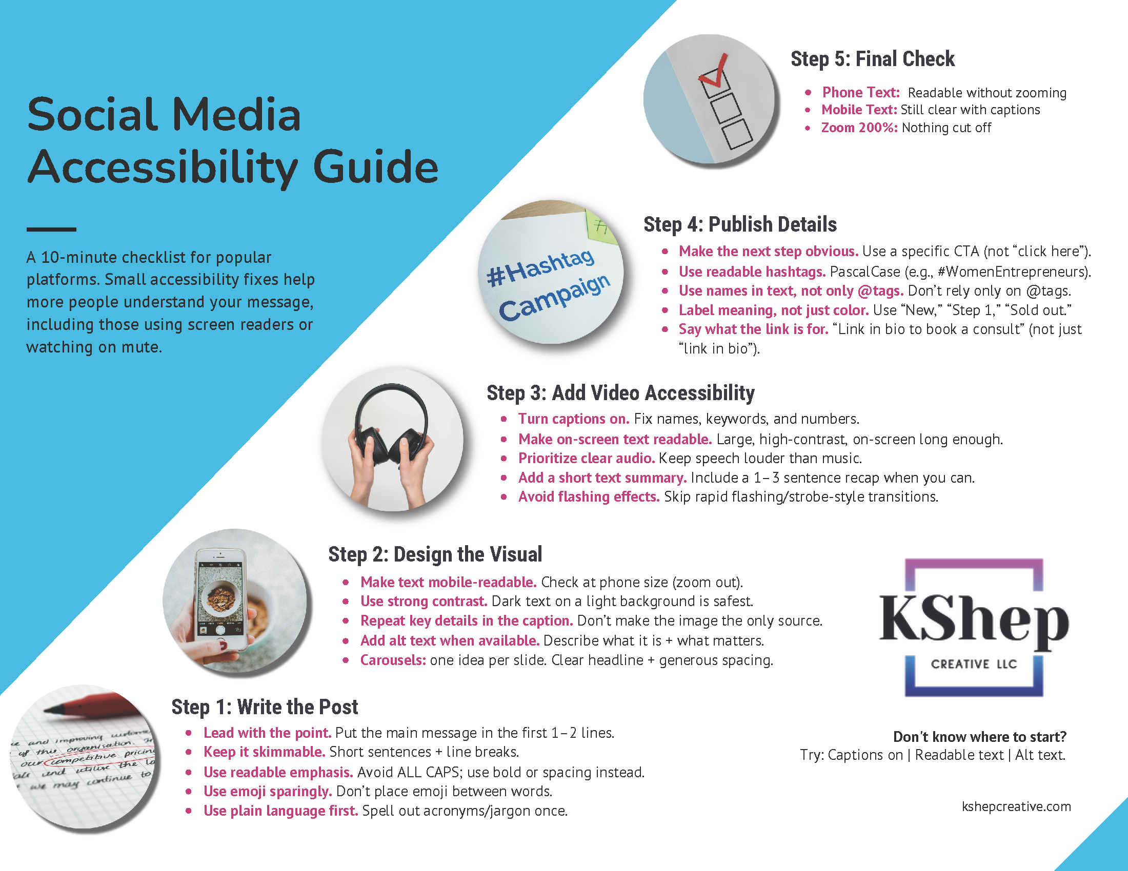 Social Media Accessibility Guide with five steps for improving marketing accessibility.