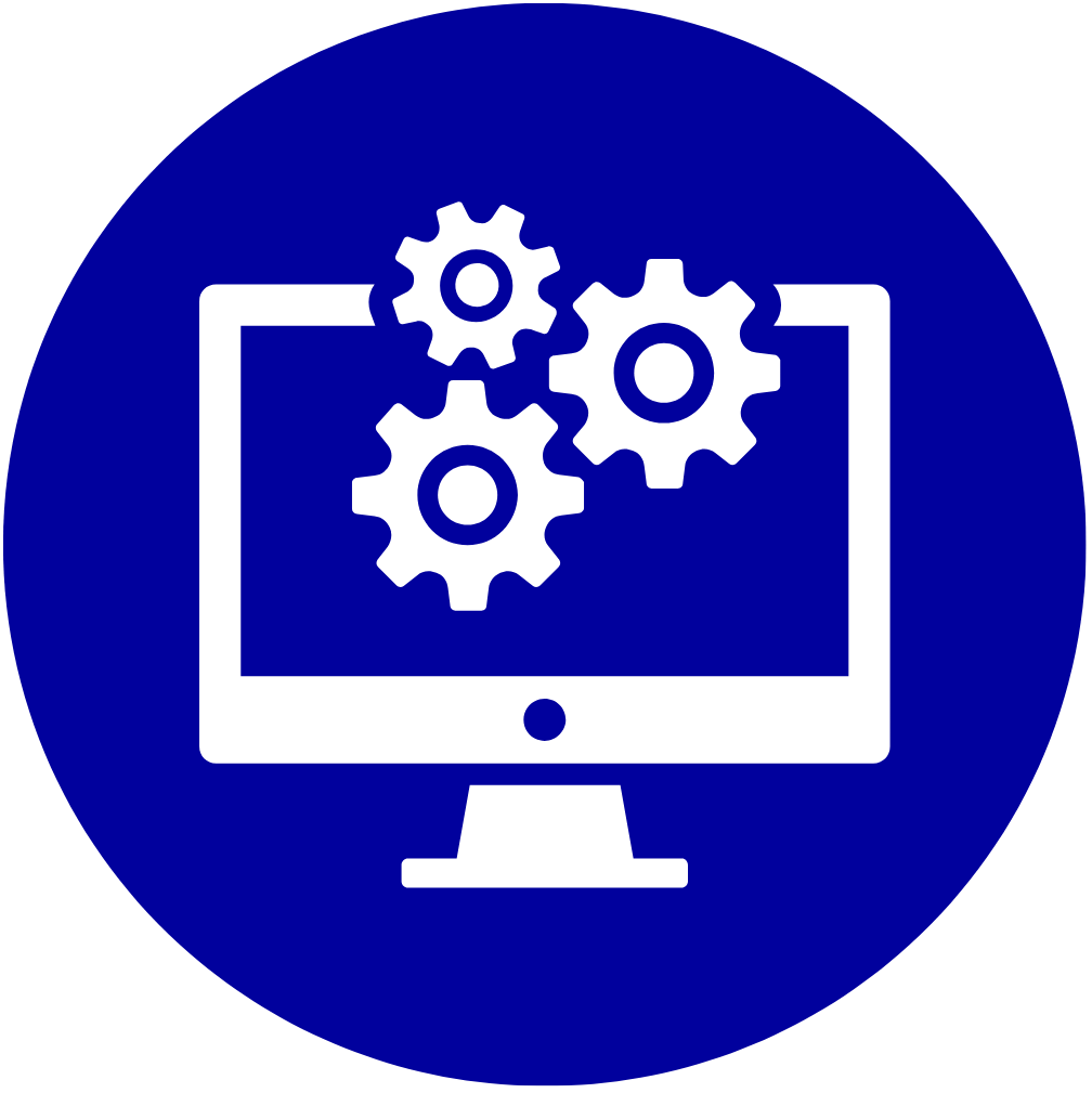 White icon of computer with gears in blue circle.