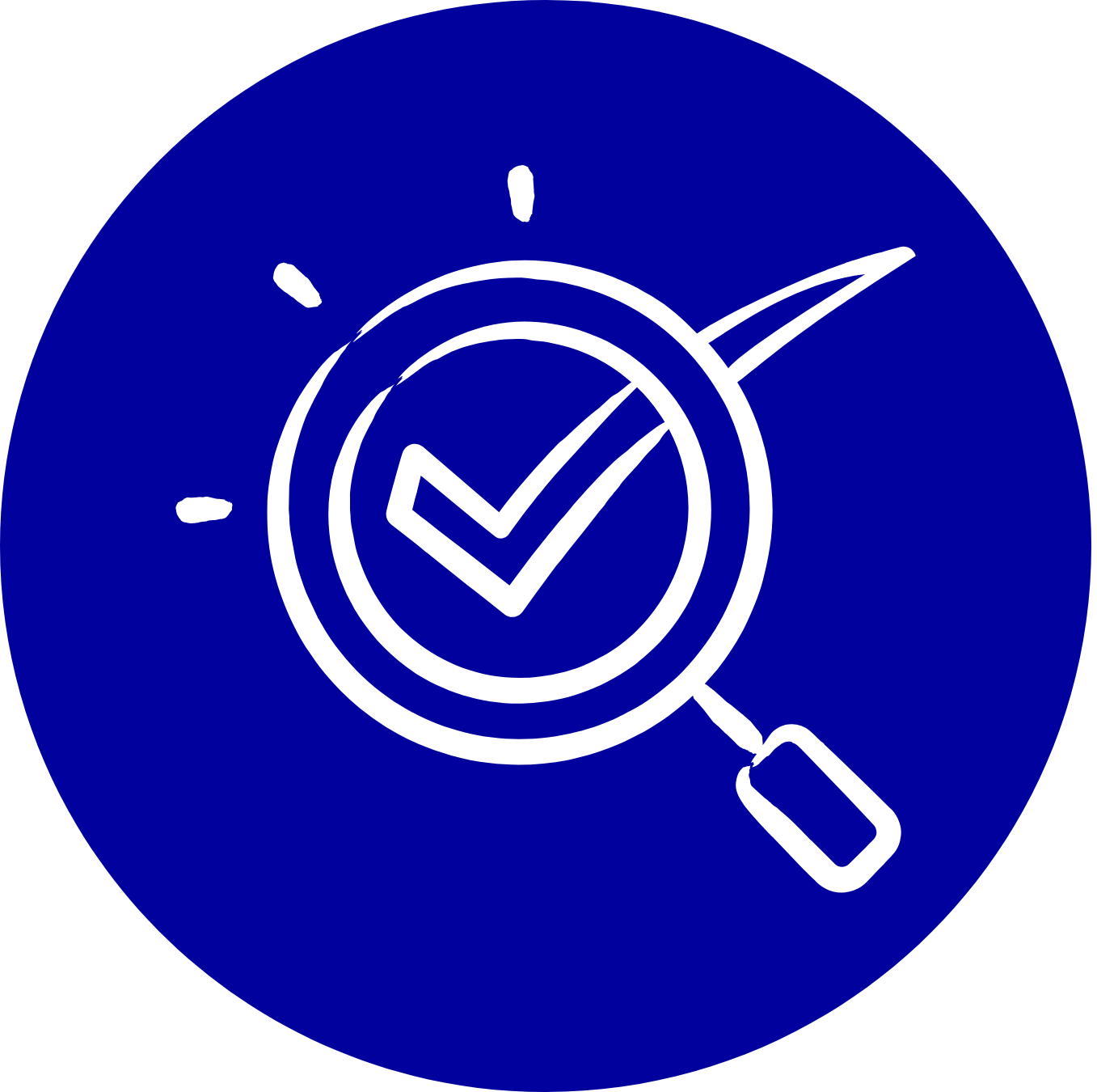 White magnifying glass and checkmark icon in blue background.