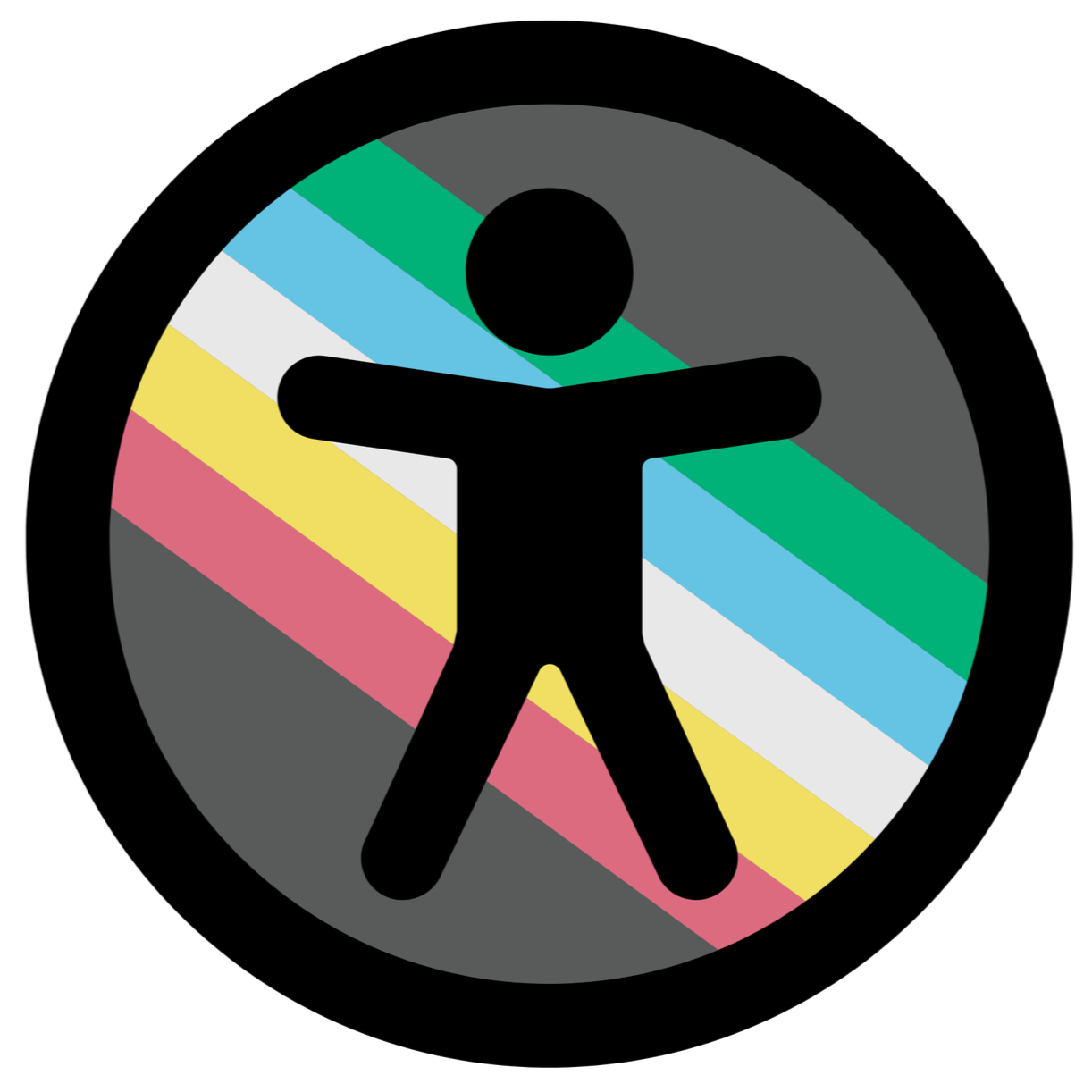 Accessibility icon in front of disability flag colors.