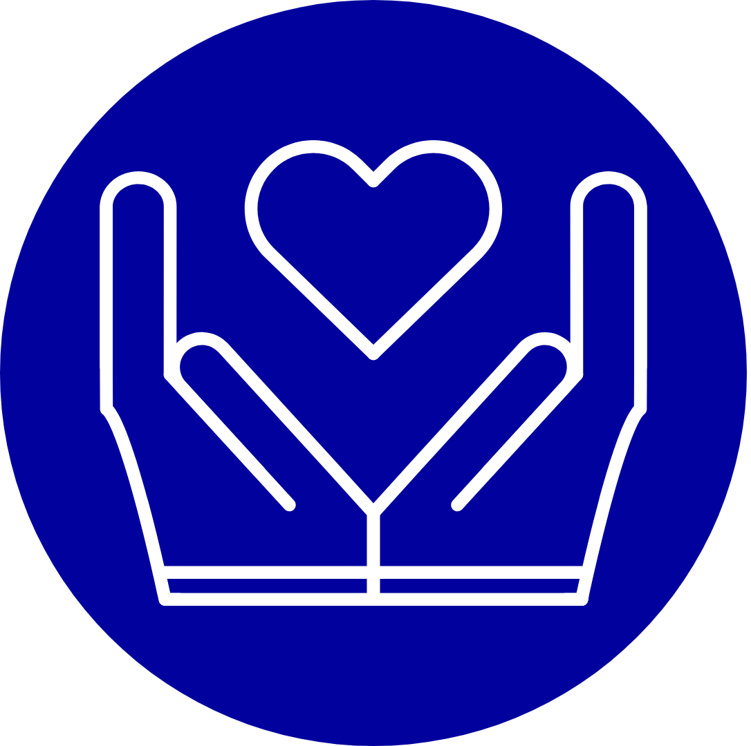 White logo of two hands lifting a heart in a blue circle.