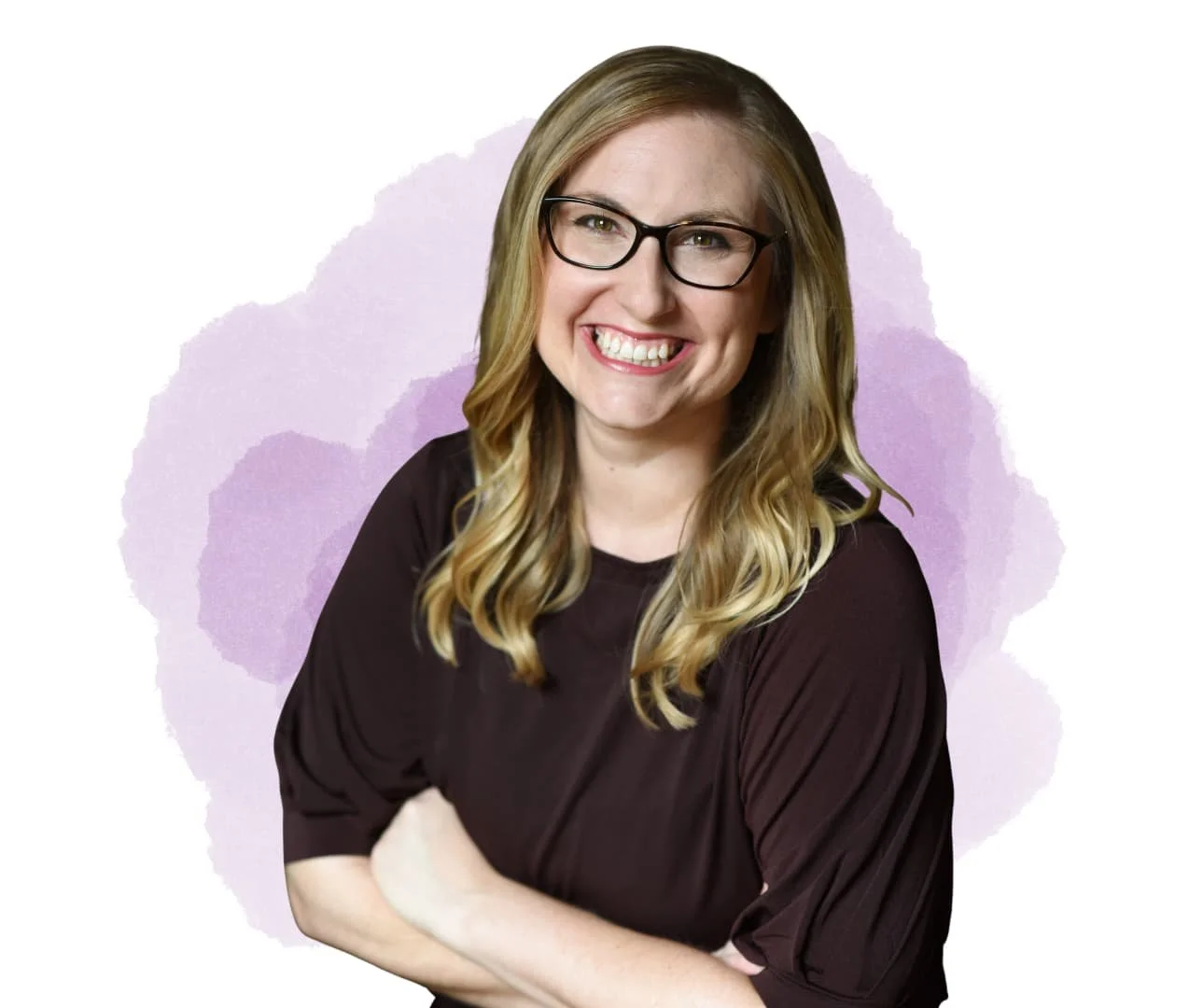 Smiling woman with glasses, brown hair, and maroon shirt with light purple background.