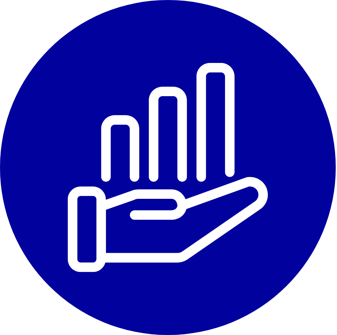 White icon of hand holding data graph in blue circle.