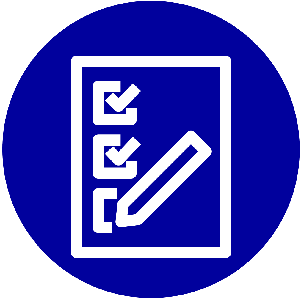 White icon of checklist in blue circle.