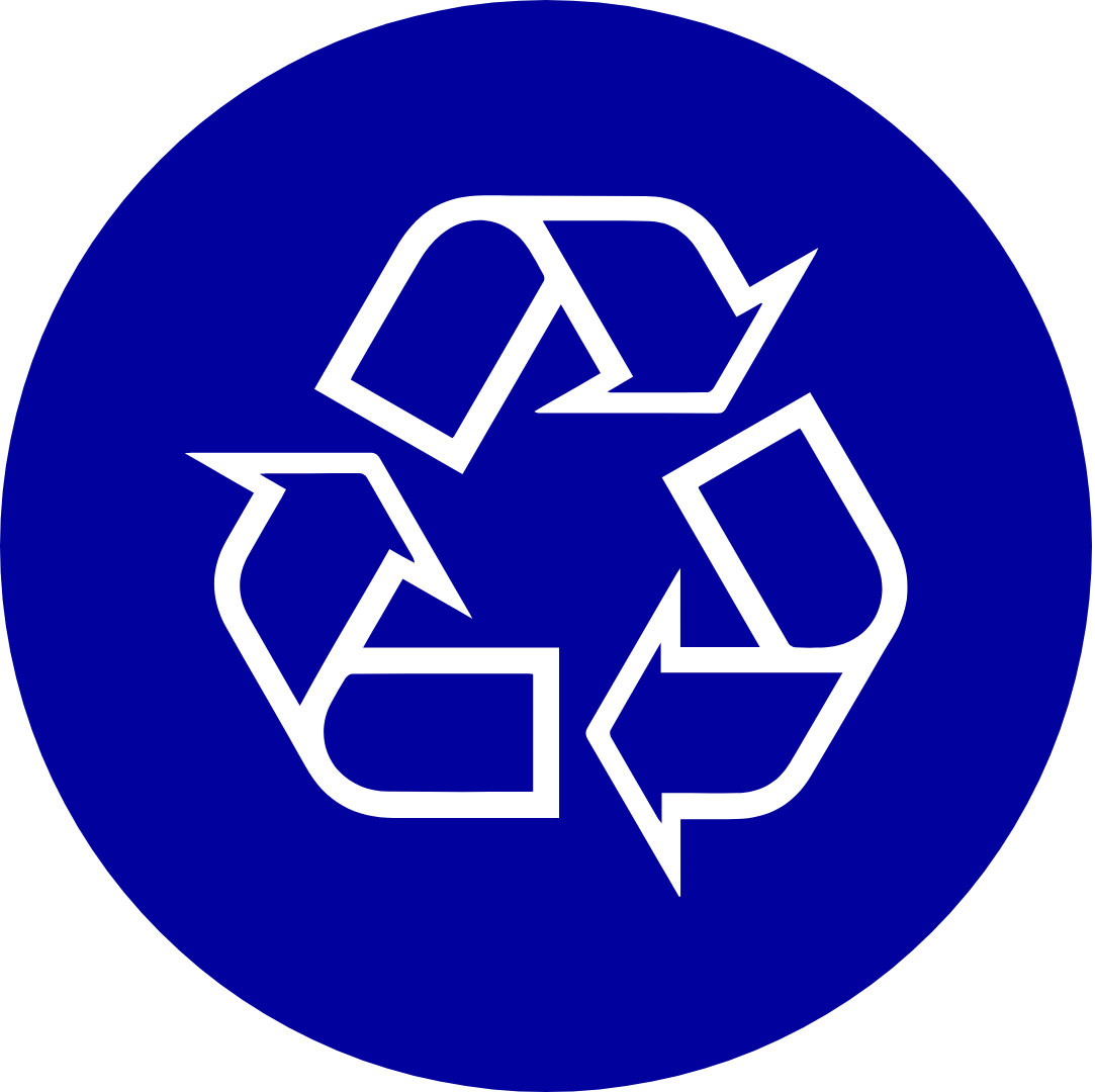 White recycling icon in blue circle.