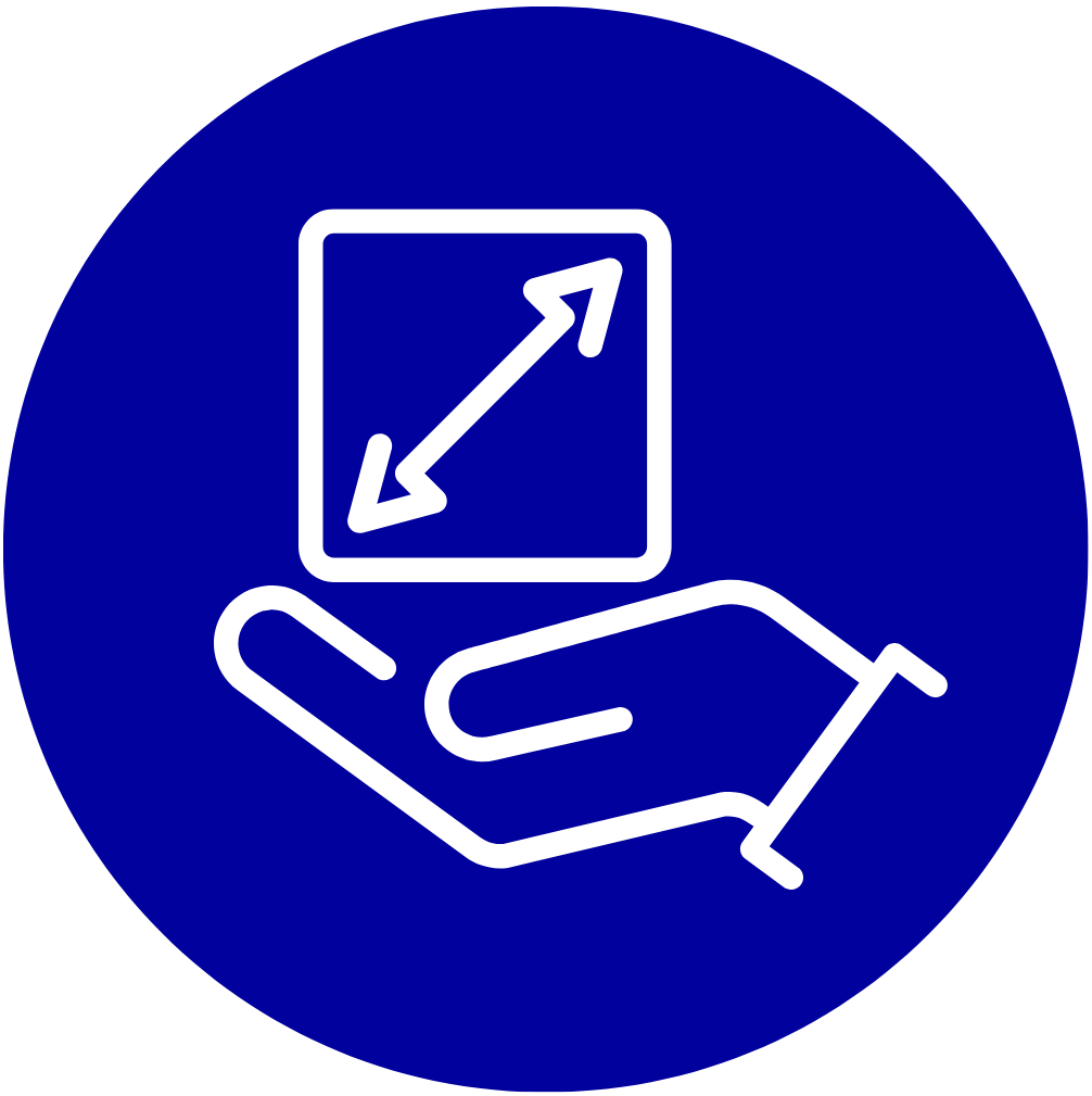 White icon of hand holding square with diagonal arrow in blue circle.