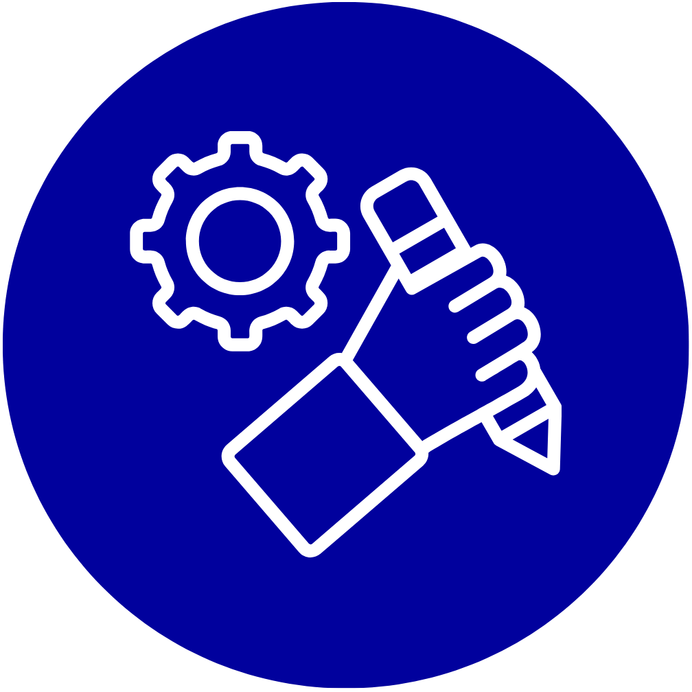 White icon of hand writing and gear in blue circle.