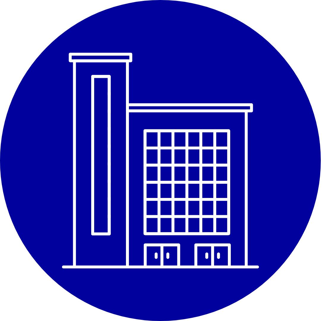 White office building icon in blue circle.
