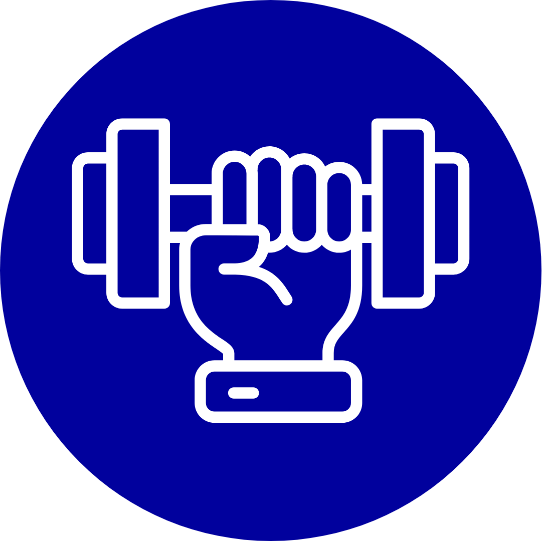 White icon of hand lifting weight in blue circle.