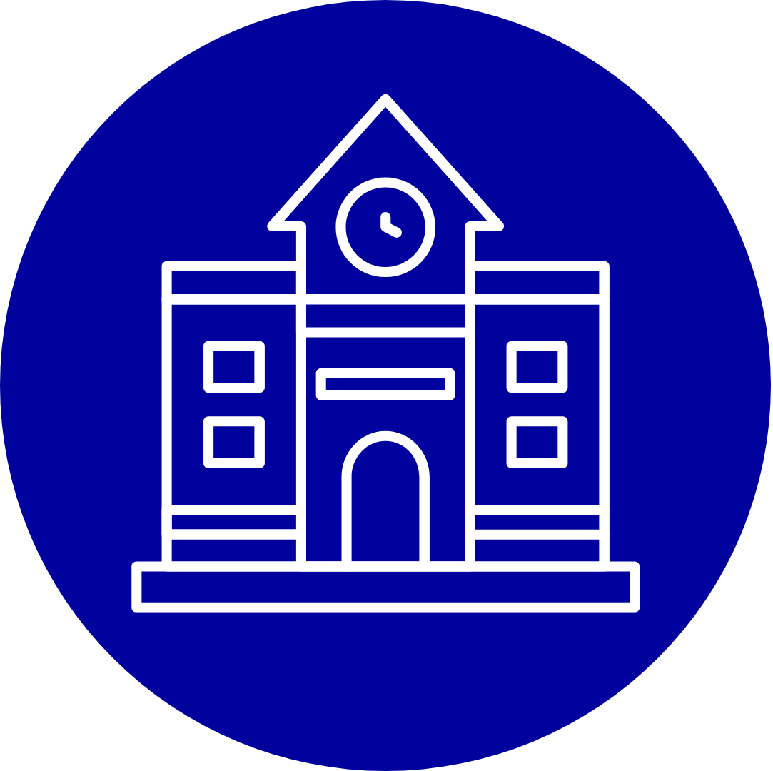 White school building icon in a blue circle.