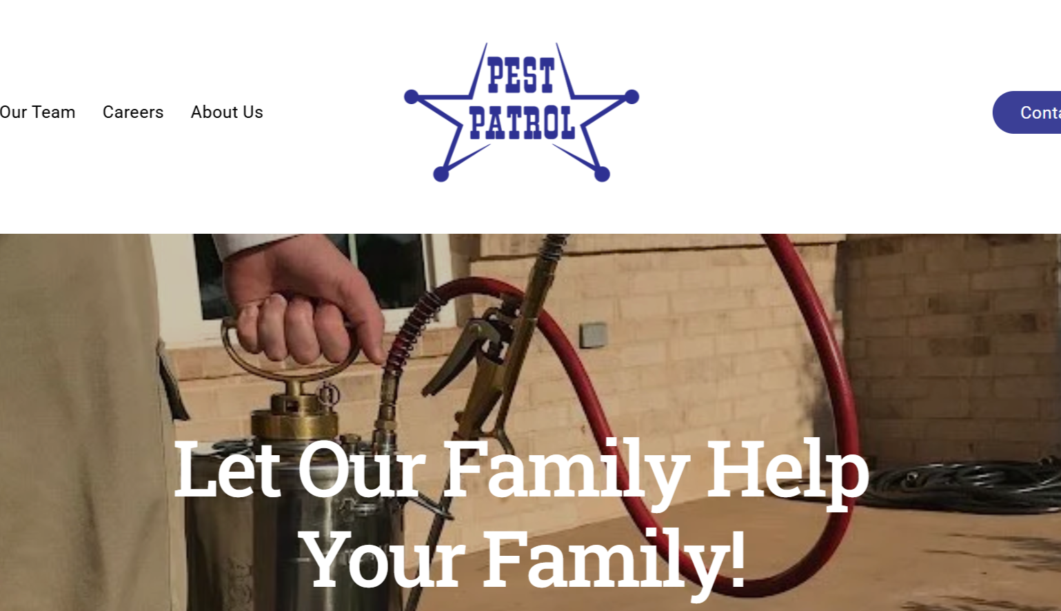 A pest control company website homepage showing a logo with a star shape and the text 'Pest Patrol,' and a background image of a pest control device with a hand holding it, along with the text 'Let Our Family Help Your Family!'