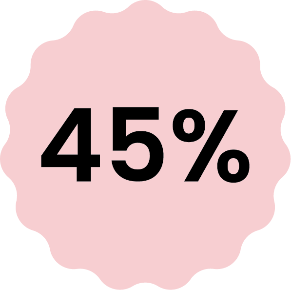 Pink badge with scalloped edges displaying '45%' in bold black text.