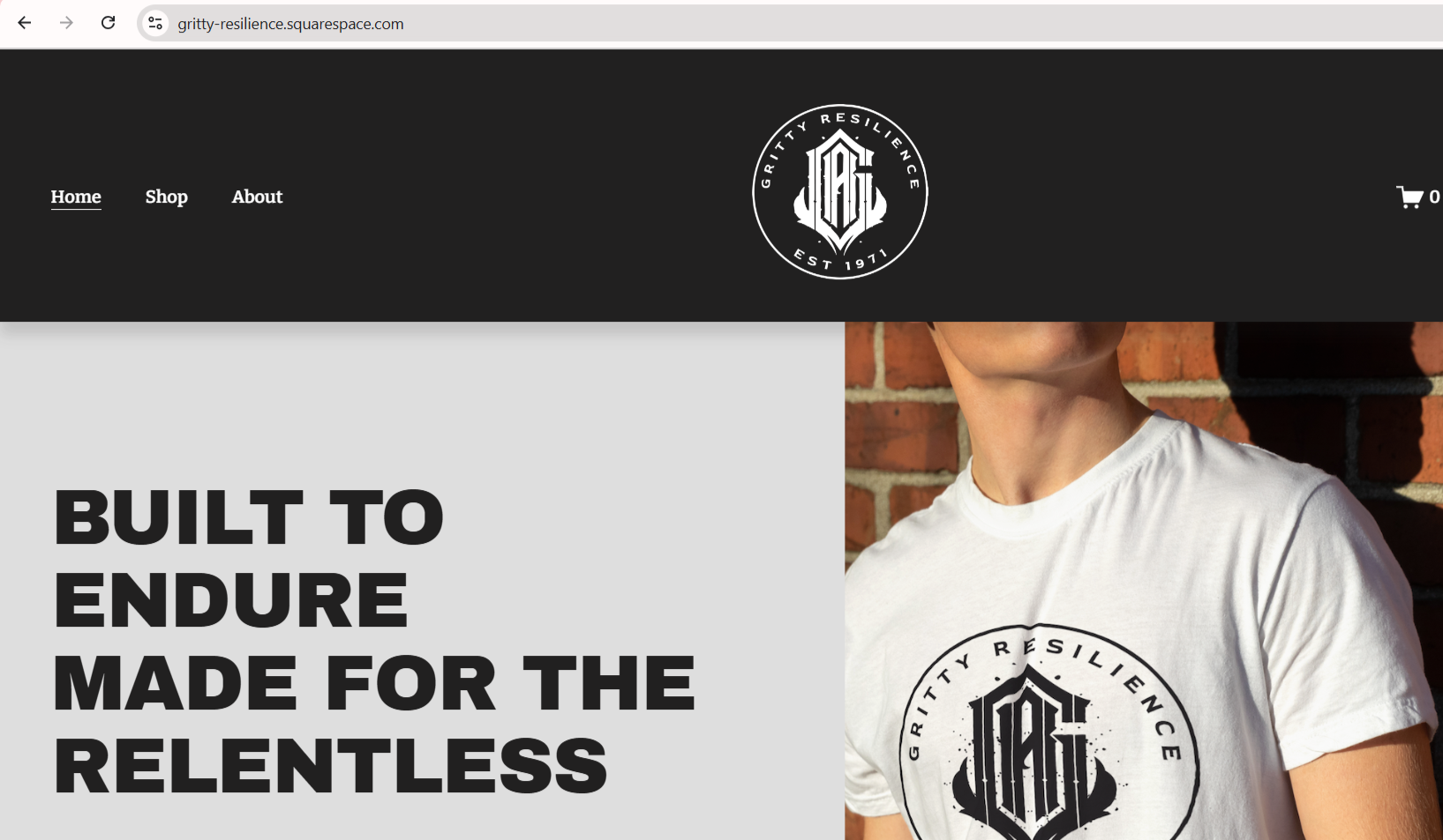 Website homepage for Gritty Resilience featuring a logo, navigation menu, a woman wearing a white T-shirt with the company's logo, and a bold slogan 'Built to Endure Made for the Relentless'.