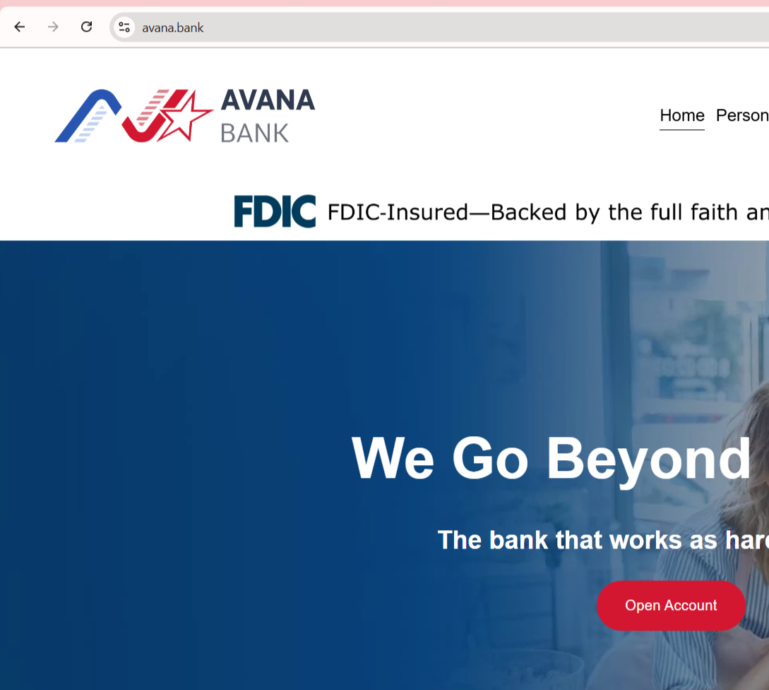 Screenshot of Avana Bank's homepage website featuring the bank's logo, FDIC insurance banner, and an 'Open Account' button. The tagline reads, 'We Go Beyond' and 'The bank that works as hard as you do.'