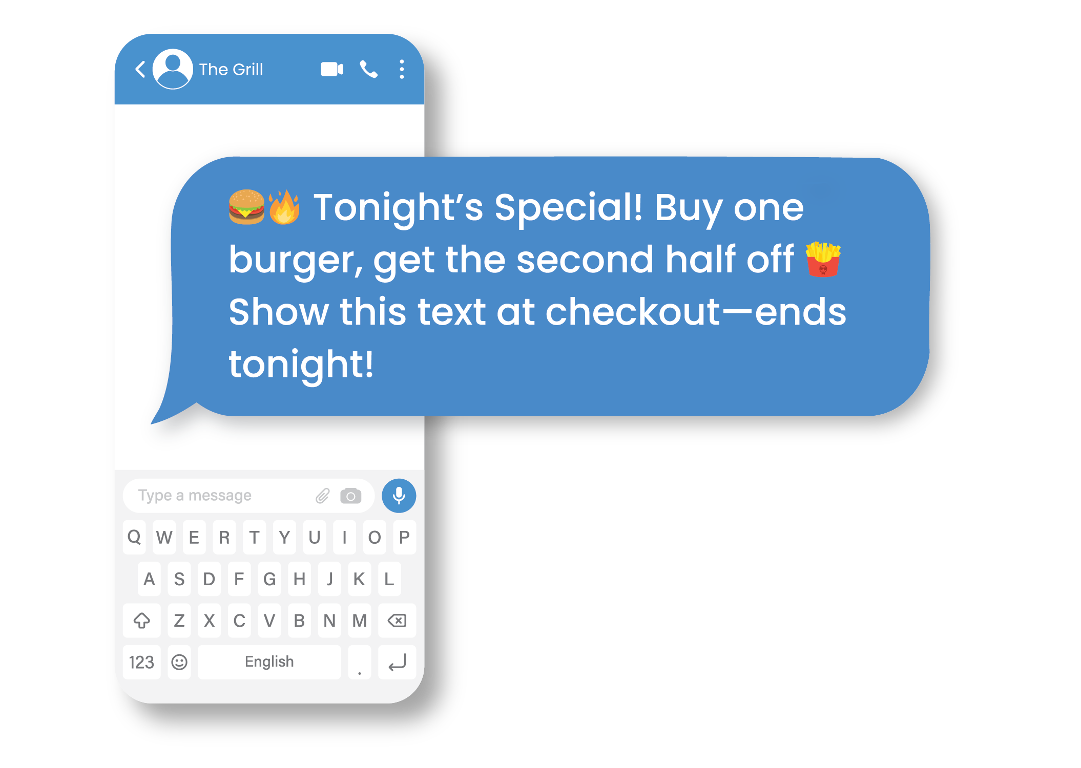 A text message promotion for a burger restaurant offering a deal: buy one burger and get the second half off, with emojis of a burger, fire, and fries, and instructions to show the message at checkout.