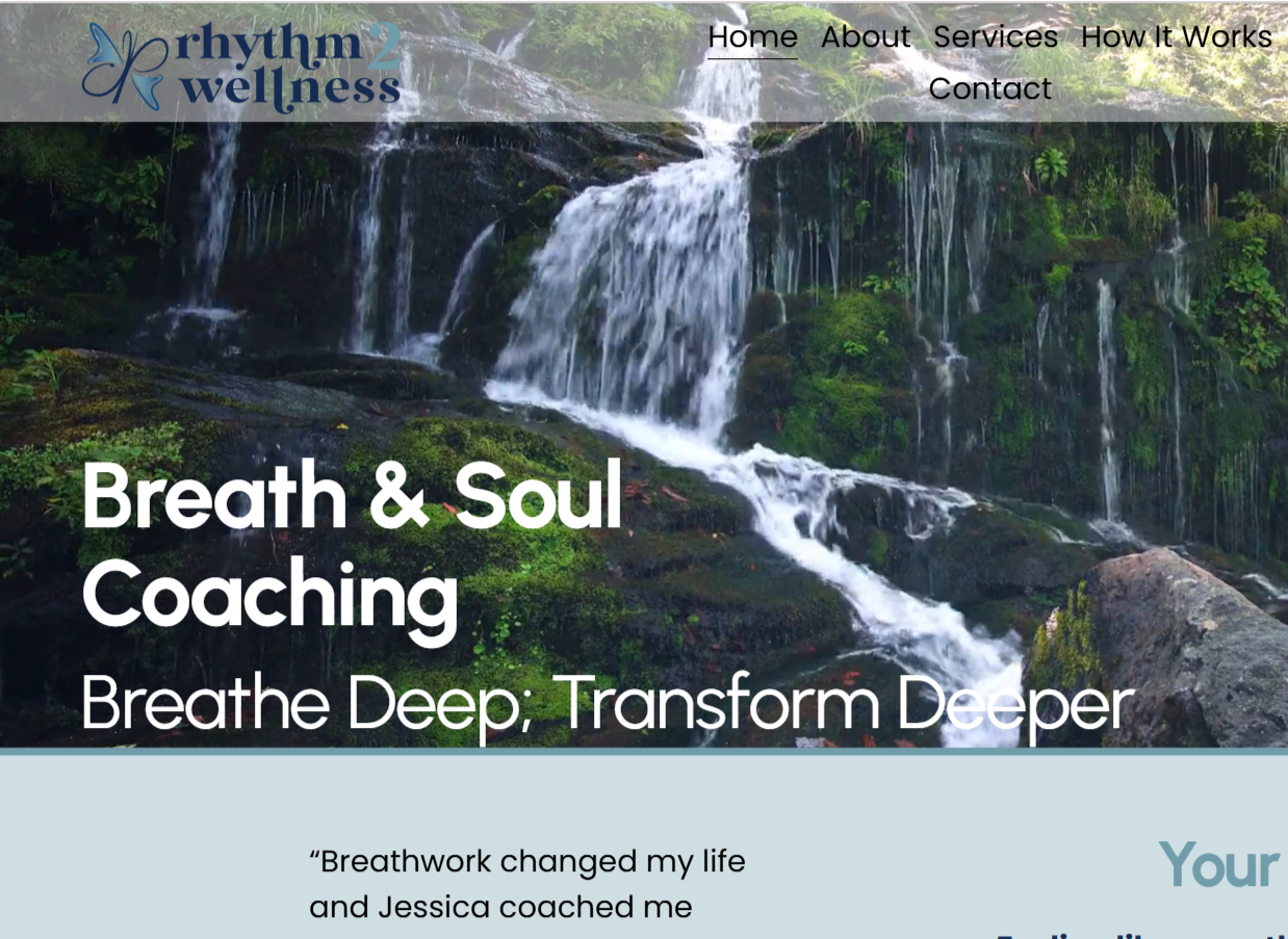 Homepage header for Rhythm & Wellness website featuring a waterfall with lush green foliage, with menu options: Home, About, Services, How It Works, Contact, and the logo with a butterfly icon.