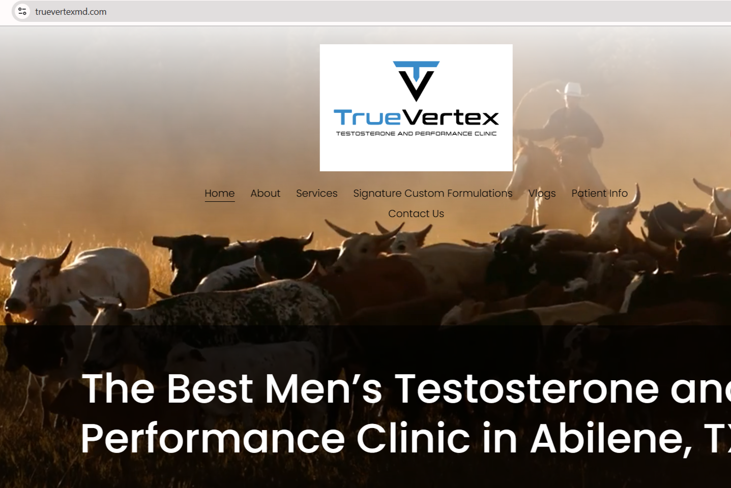 Website homepage for TrueVertex Testosterone and Performance Clinic with a background image of cattle and a cowboy in the sunset.