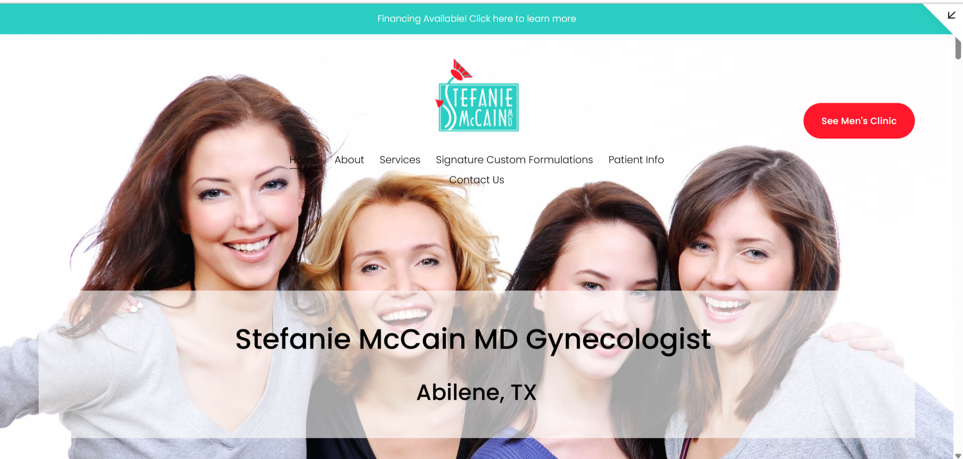 Website homepage of Stefanie McCain MD Gynecologist showing a group of four women smiling, with a logo at the top and navigation links for Home, About, Services, Signature Custom Formulations, Patient Info, Contact Us, and a red button for See Men's Clinic.