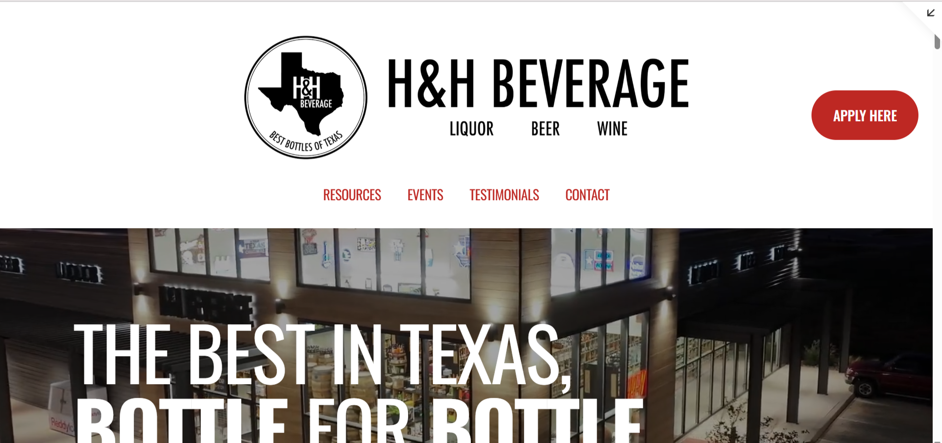 Screenshot of a website header for H&H Beverage, a liquor store in Texas, featuring a logo with a Texas shape and the words 'Best Bottles of Texas', navigation menu, and an image of the store's exterior at night.