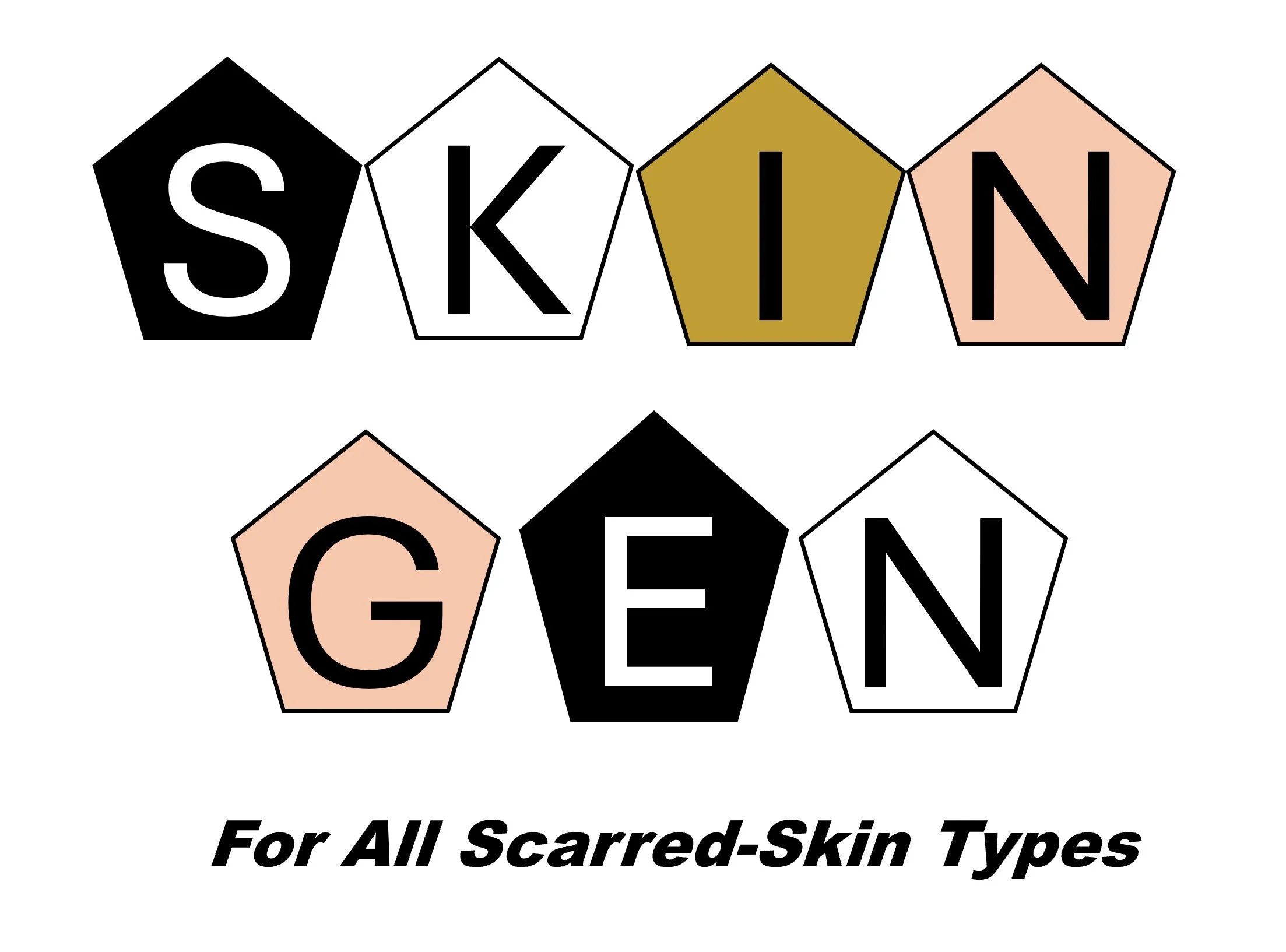 Graphic with the words "SKIN GUN" arranged with each letter inside a colored pentagon shape, and a subtitle that reads "For All Scarred-Skin Types".