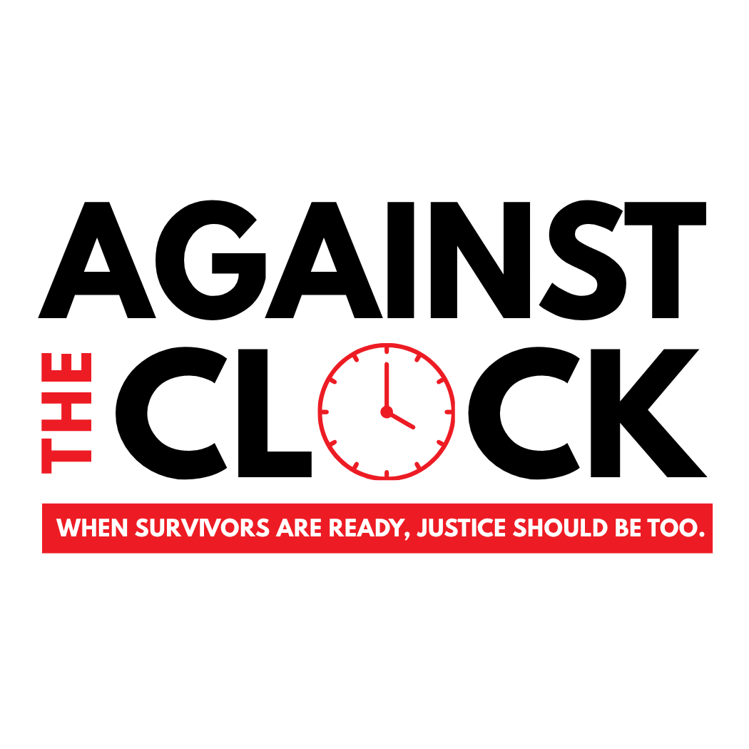 A black poster featuring a red clock illustration. The word 'THE' is written vertically in red on the left side. A red banner at the bottom contains the text 'WHEN SURVIVORS ARE READY, JUSTICE SHOULD BE TOO.' in white.