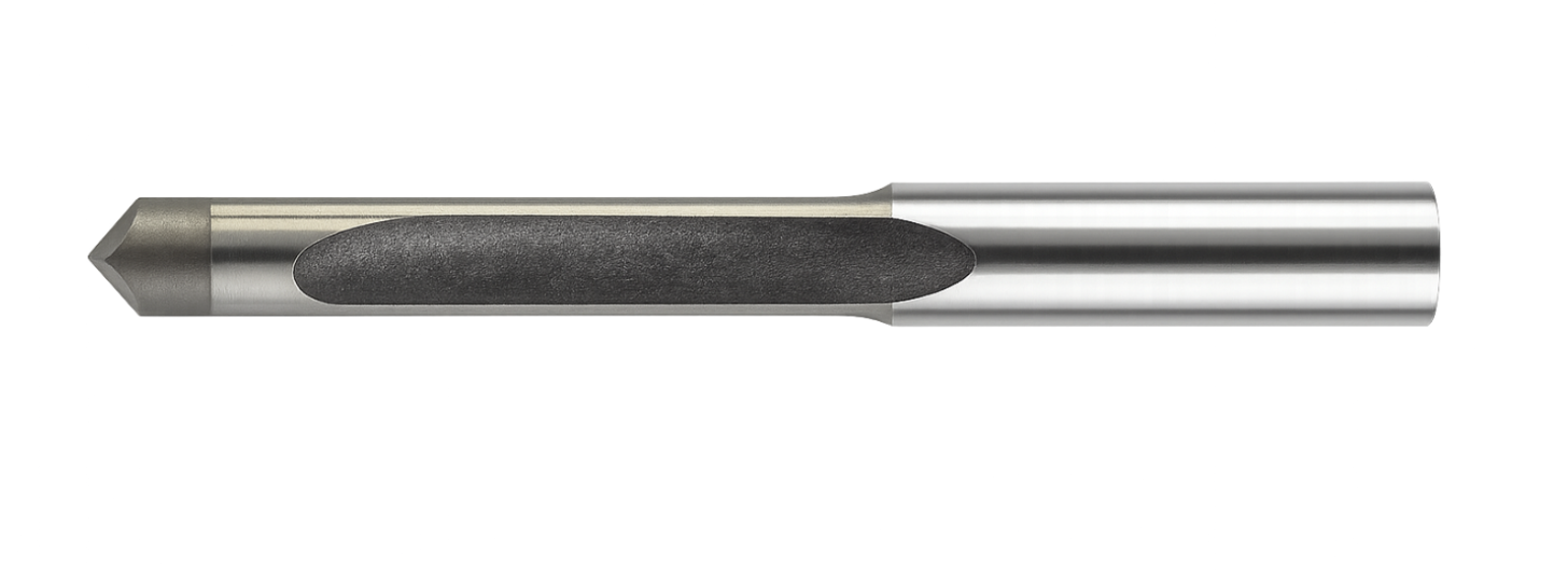 A metal drill bit with a pointed tip and textured grip area.