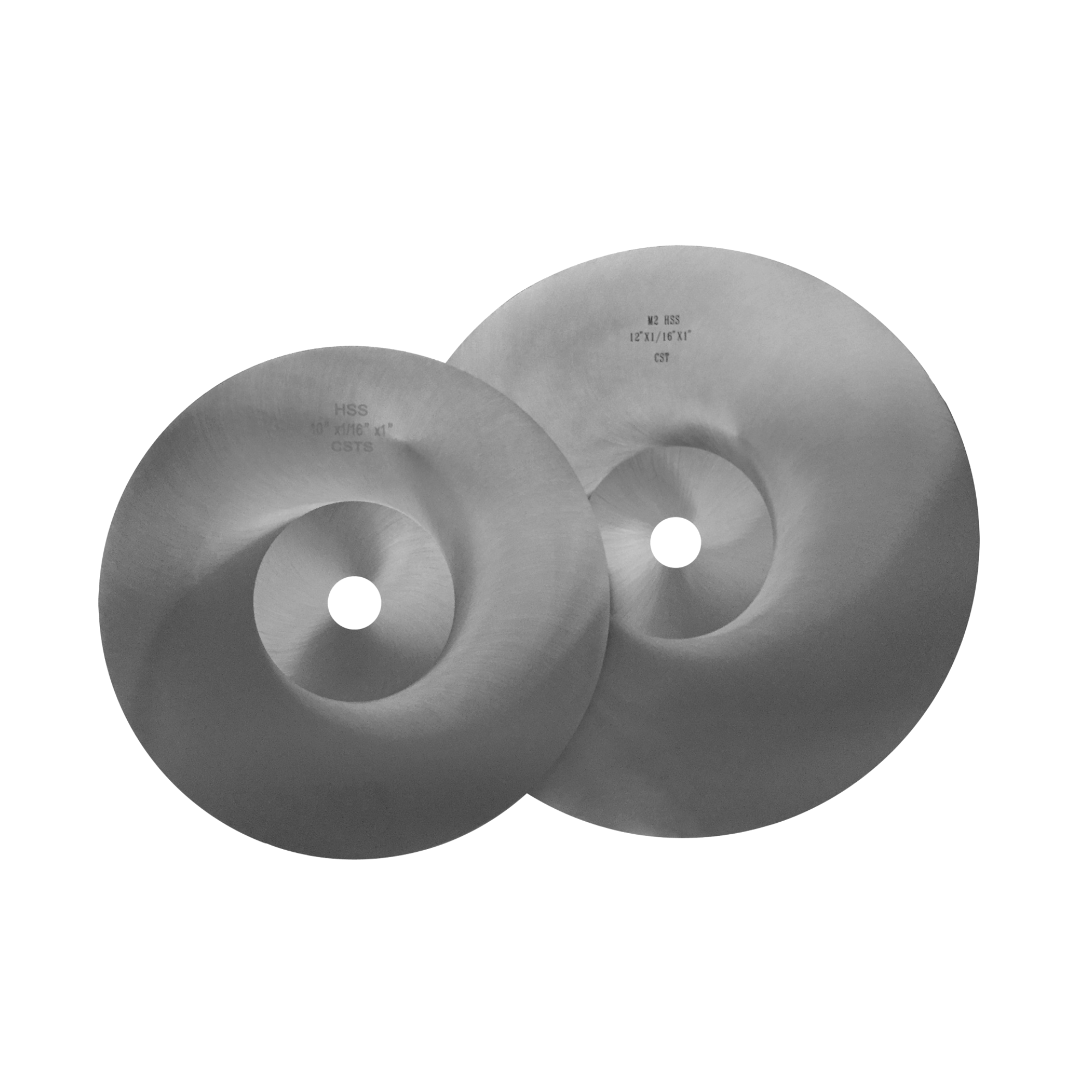 Two circular saw blades with central holes, made of metal, overlapping each other, with engraved specifications on their surfaces.