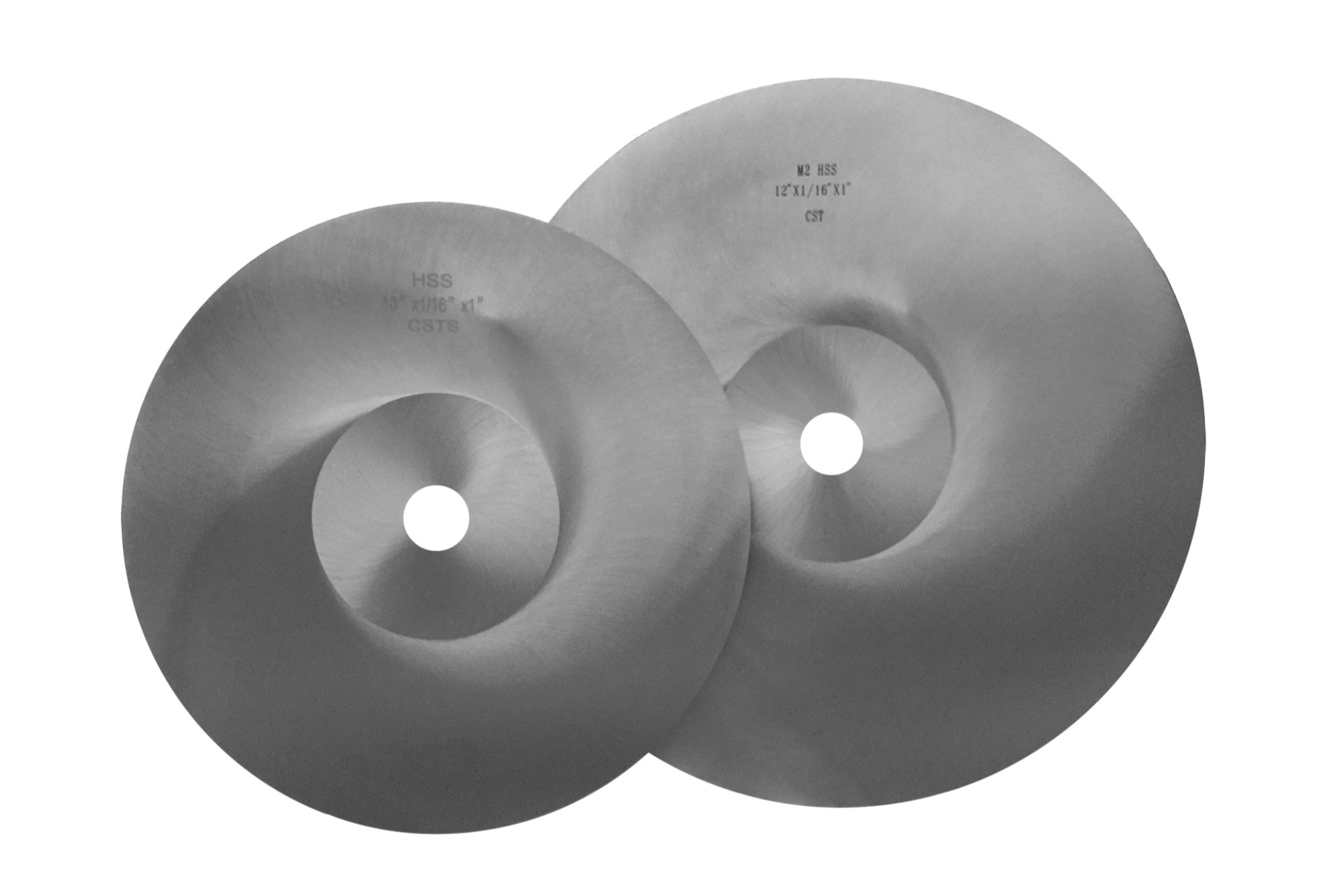 Two circular saw blades with holes in the center, one smaller and one larger, made of metal, with specifications printed on them.