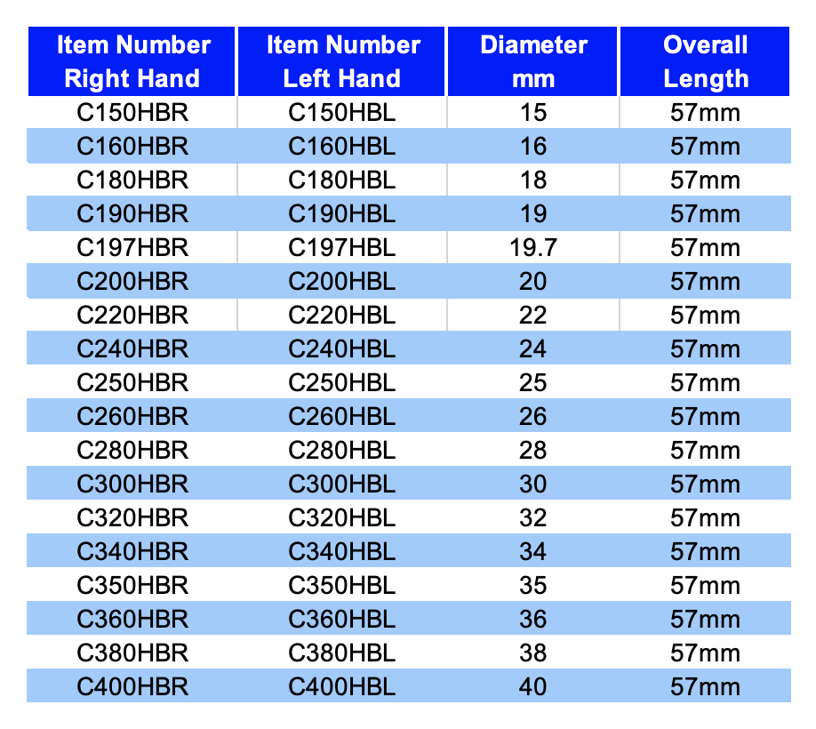 A table listing item numbers, diameters in millimeters, and overall length in millimeters for various HBR drill bits, with some rows highlighted in different shades of blue.