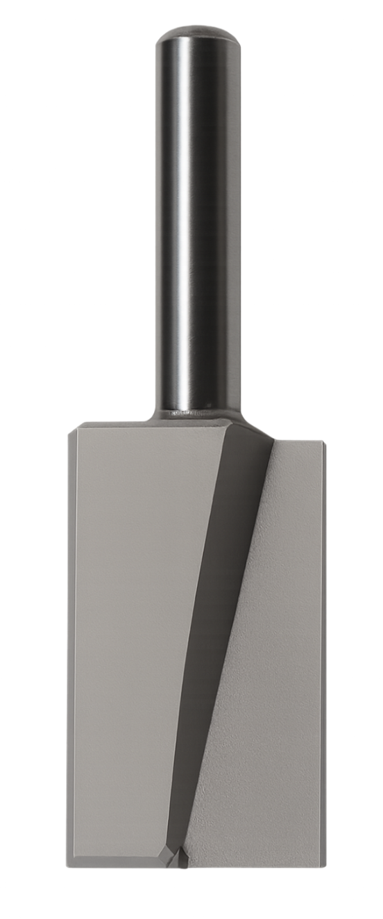 A sleek, modern knife with a black handle and a curved, wide blade.