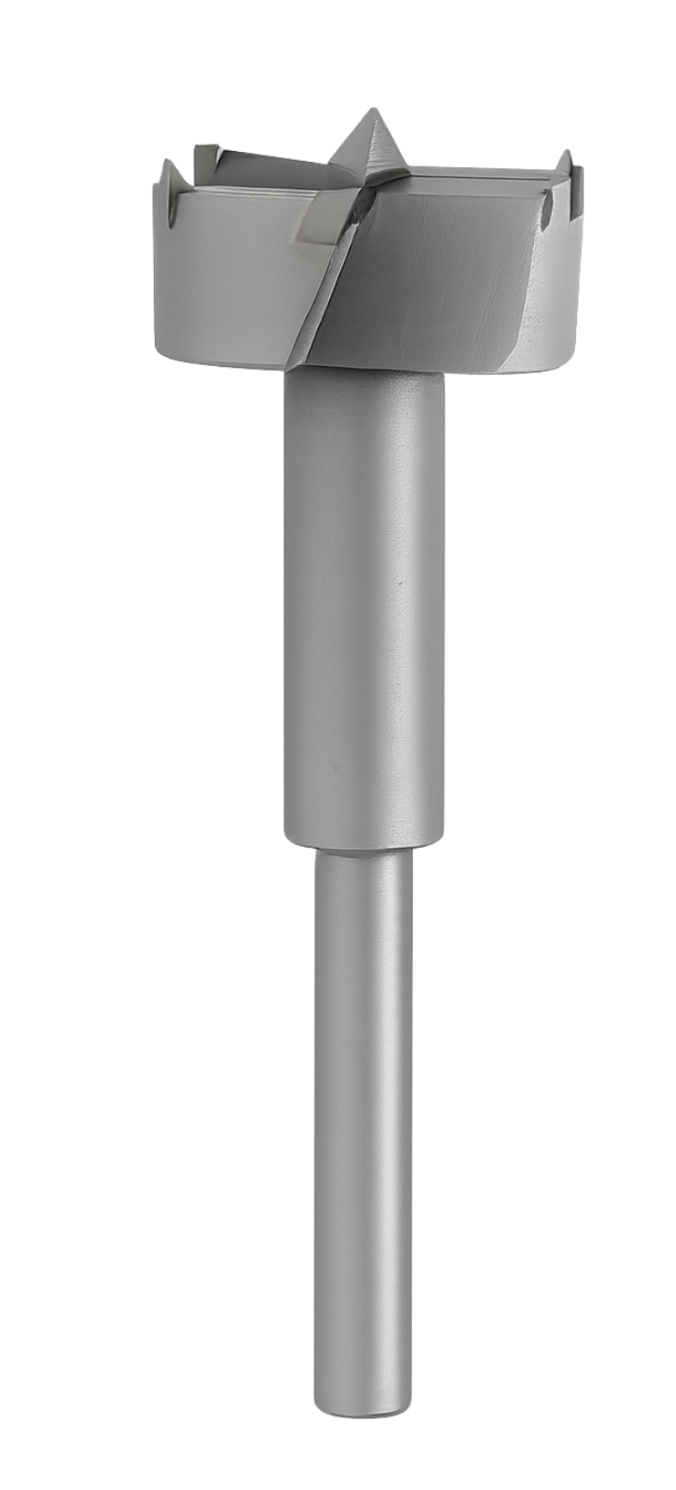 A large silver mechanical drill bit or tool with a cylindrical handle and a spiral-shaped cutting edge.