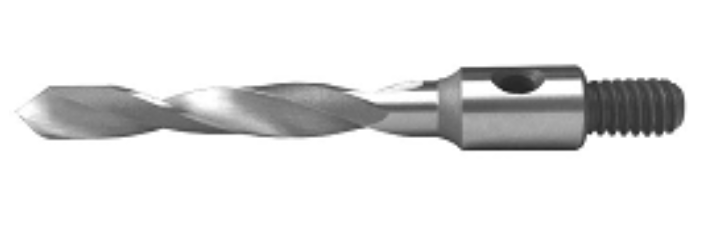 Close-up of a metal twist drill bit with a threaded shank on a white background.