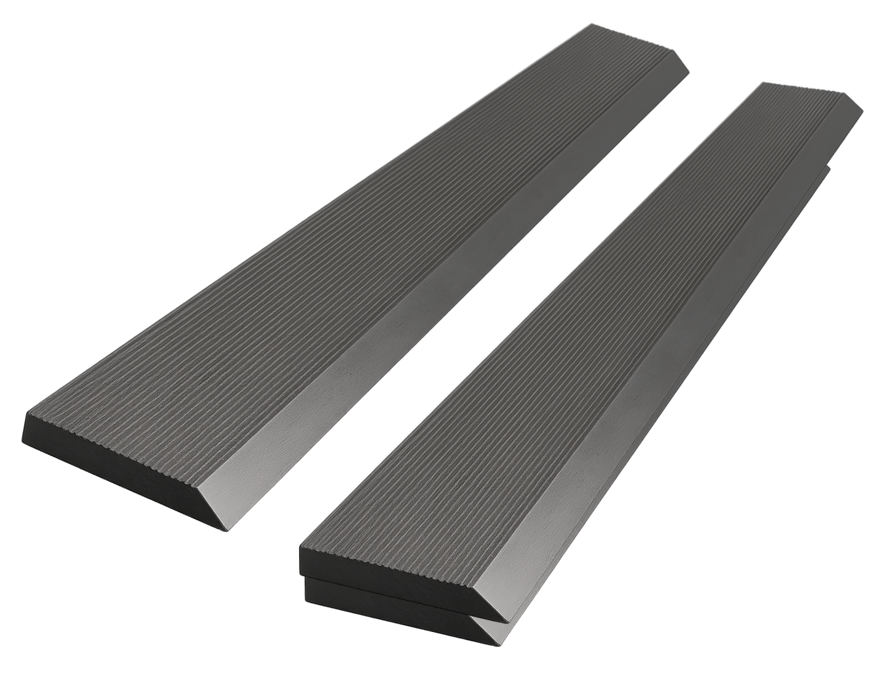 Two black rubber speed bumps with textured surfaces for vehicle and pedestrian safety.