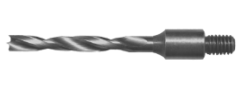 A close-up of a metal drill bit with a twisted design and a threaded shank.
