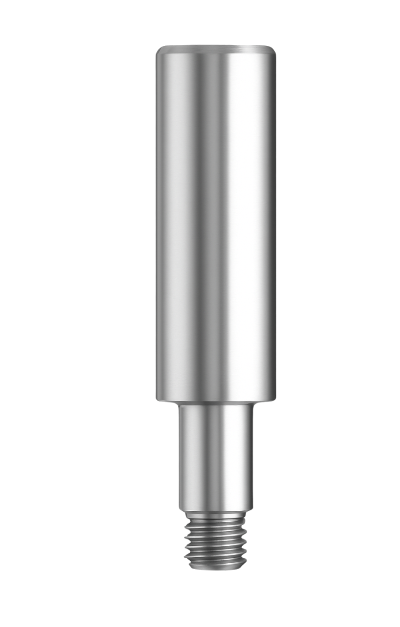 A metallic dental implant abutment with a cylindrical body and threaded base.