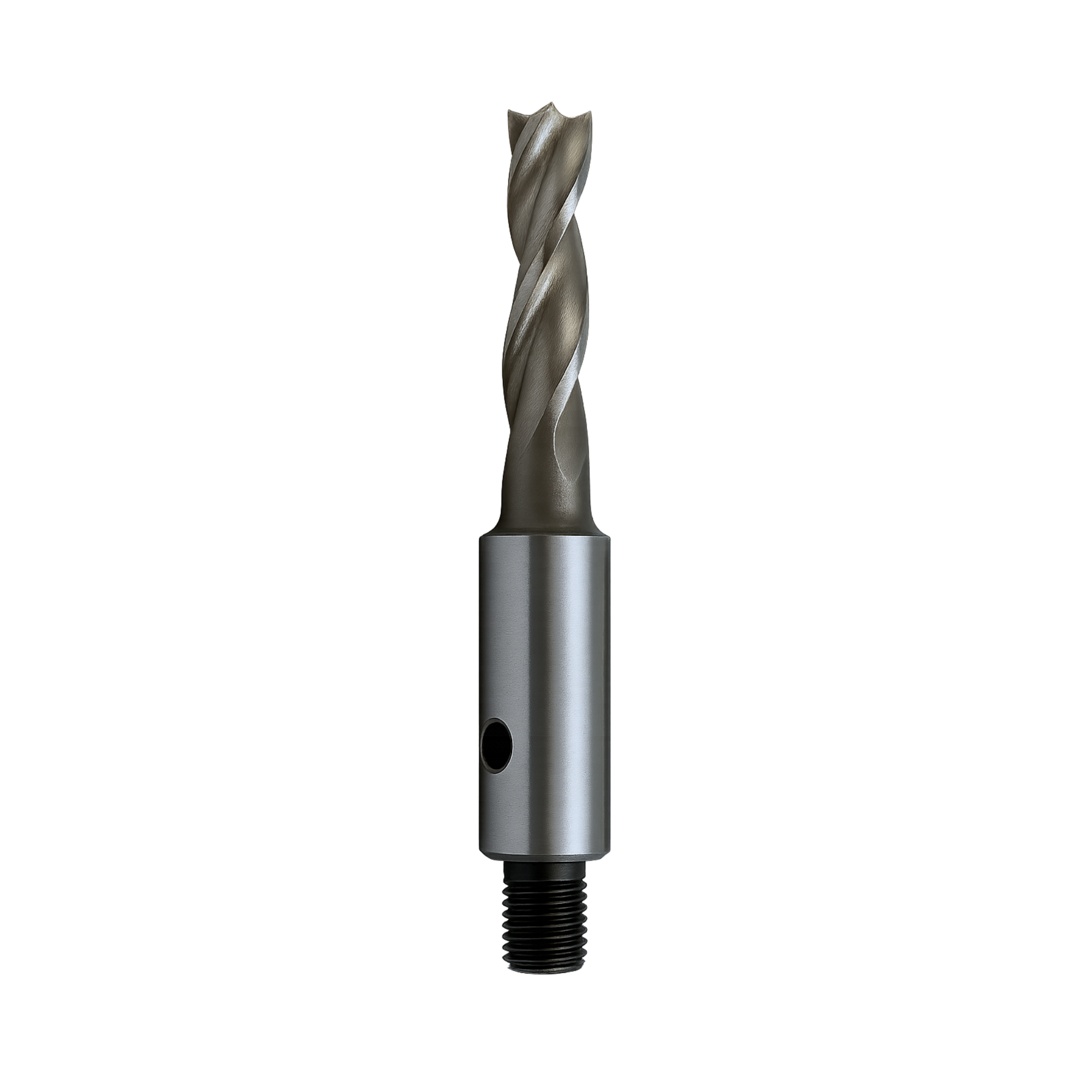 A close-up of a metal industrial drill bit with a cylindrical attachment at the bottom, isolated on a white background.