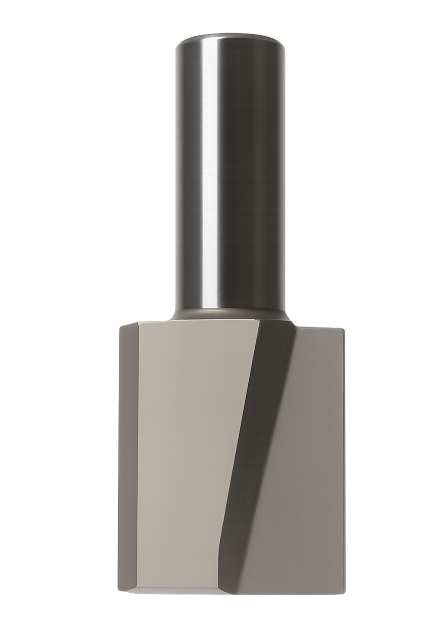 A metallic industrial machine component with a cylindrical upper part and a rectangular base with a slanted design.