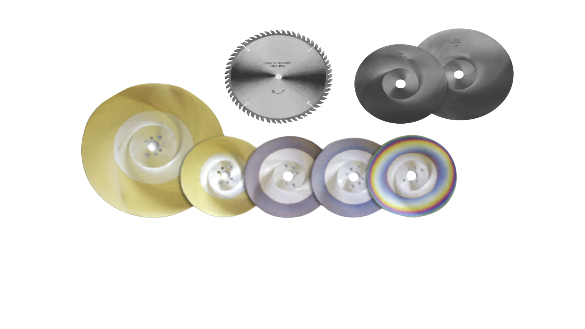 Collection of circular saw blades in various sizes and colors, including silver, yellow, purple, and rainbow-edged.