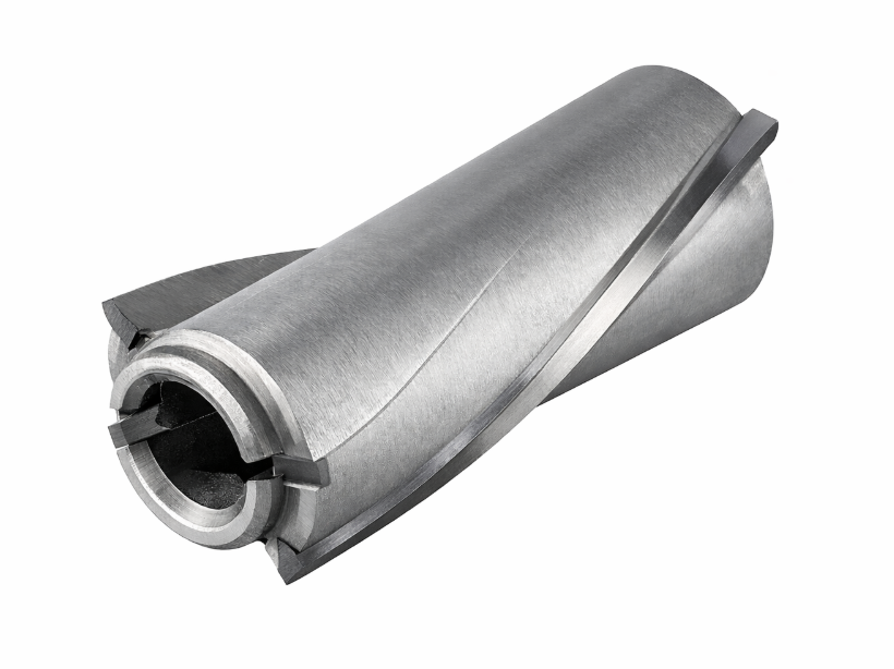 A metallic CNC machine part with a cylindrical shape and a conical end, used in mechanical manufacturing.